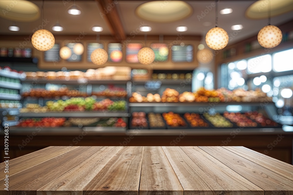 Poster clean wooden tabletop isolated in a blurred deli space with attractive bokeh patterns