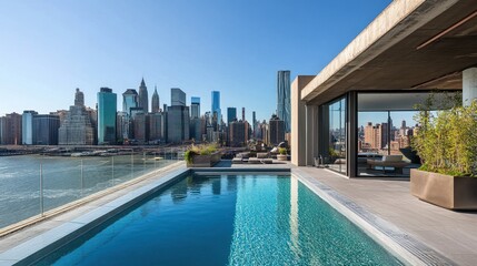 Luxurious rooftop pool with stunning city skyline in the background offering a serene escape