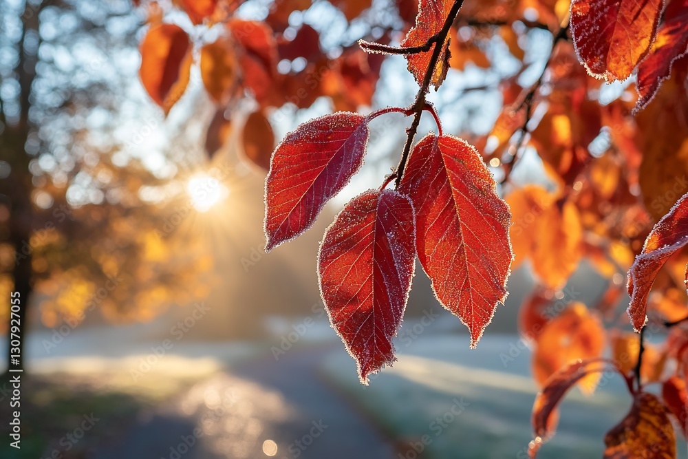 Poster frosty red leaves glowing in morning light creating a beautiful autumn scene : generative ai