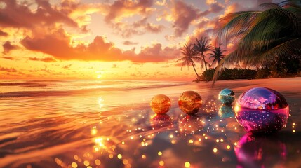 Tropical Valentine scene with colorful baubles strewn across a tranquil beach, softly illuminated under a romantic sunset, illustration style, warm and inviting tones