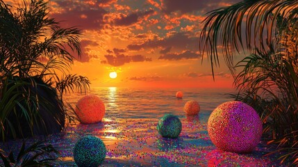 Tropical Valentine scene with colorful baubles strewn across a tranquil beach, softly illuminated under a romantic sunset, illustration style, warm and inviting tones