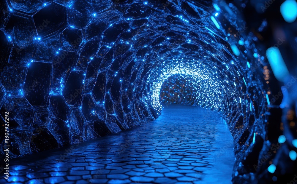 Poster illuminated tunnel with glowing blue lights in abstract honeycomb structure for futuristic and moder