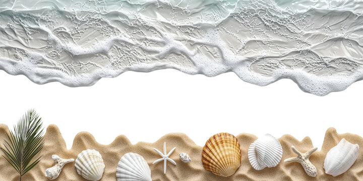 Beach Sand Border with Natural Seashells, Starfish and Palm Leaf, Summer Vacation Seaside Collection with Ocean Foam Wave Isolated on Transparent and White Background - Powered by Adobe