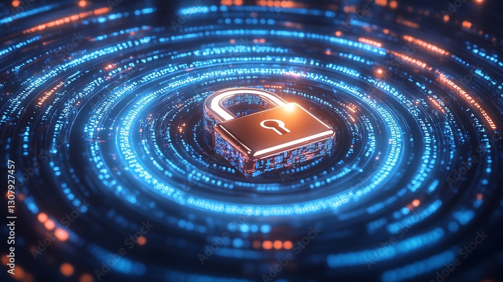 Poster Futuristic Lock Surrounded by Glowing Data Streams in a High-Tech Setting : Generative AI