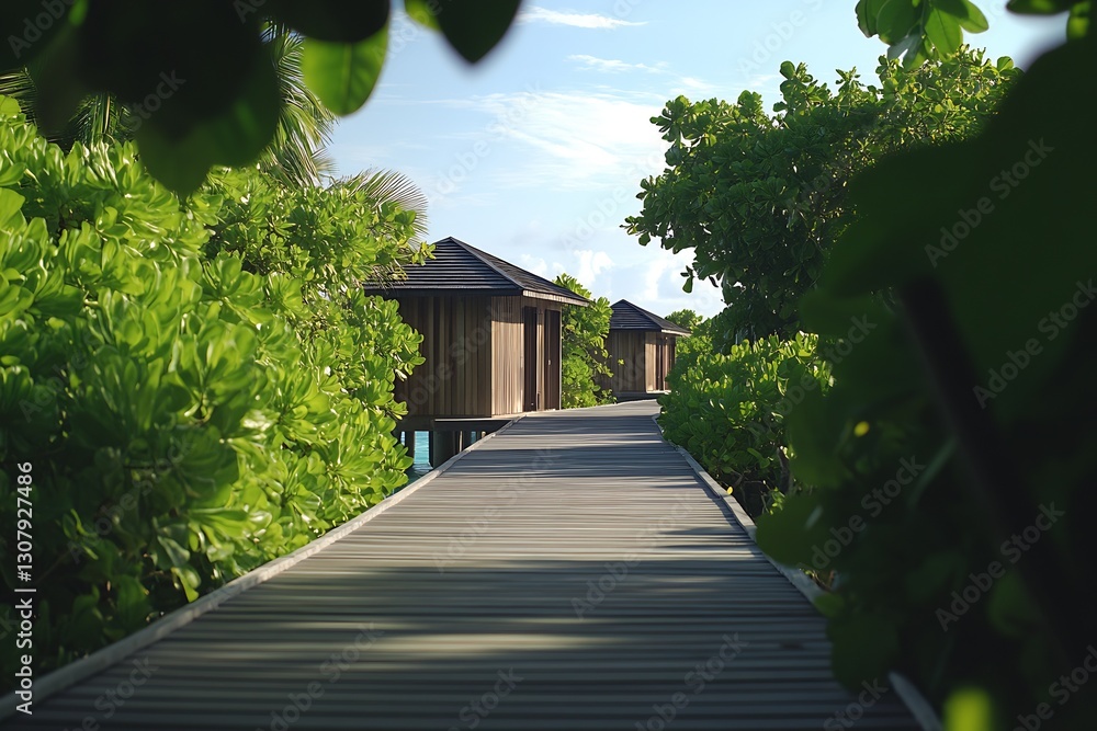 Poster inviting path through vibrant green foliage leading to luxury cabins on tranquil island : generative