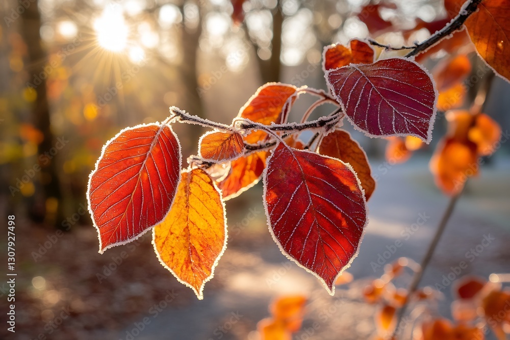 Poster vibrant frosted leaves catching morning light with a scenic path in the background : generative ai