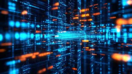 High-tech visual of digital circuitry illuminated in blue and orange colors showing data movement and interaction : Generative AI
