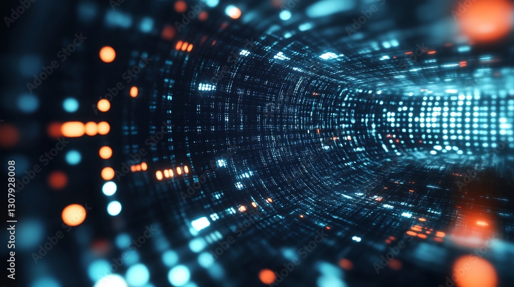 Poster Dynamic digital landscape featuring illuminated particles converging in a stunning abstract tunnel : Generative AI
