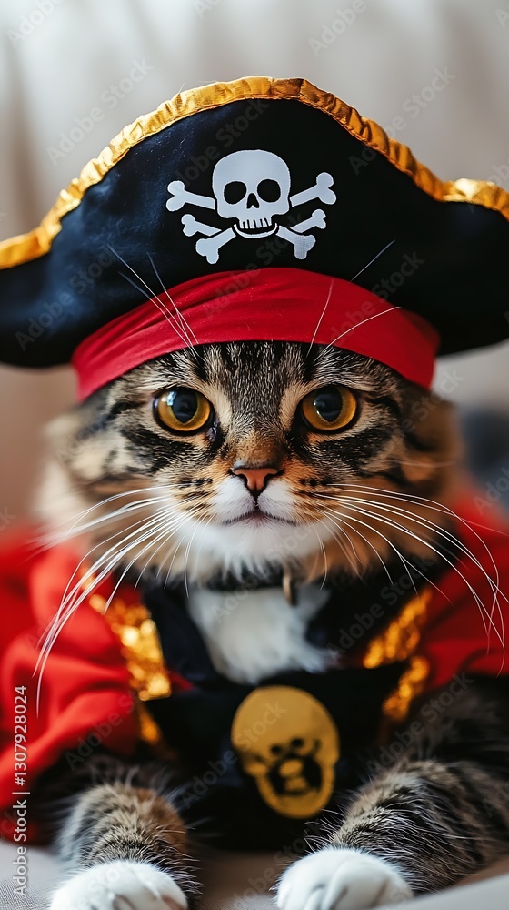 Poster charming cat in pirate costume with skull hat and red cape striking a pose : generative ai