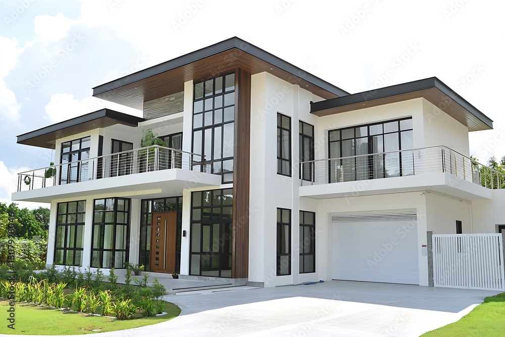 Poster sophisticated modern house showcasing stunning architectural elements and lush landscaping features 