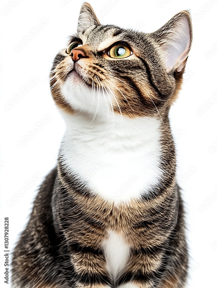 Poster charming tabby cat with bright eyes gazing upwards in a captivating portrait style : generative ai
