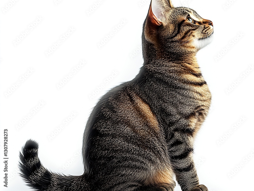 Poster charming tabby cat profile showing its distinct stripes and attentive expression on a bright backgro