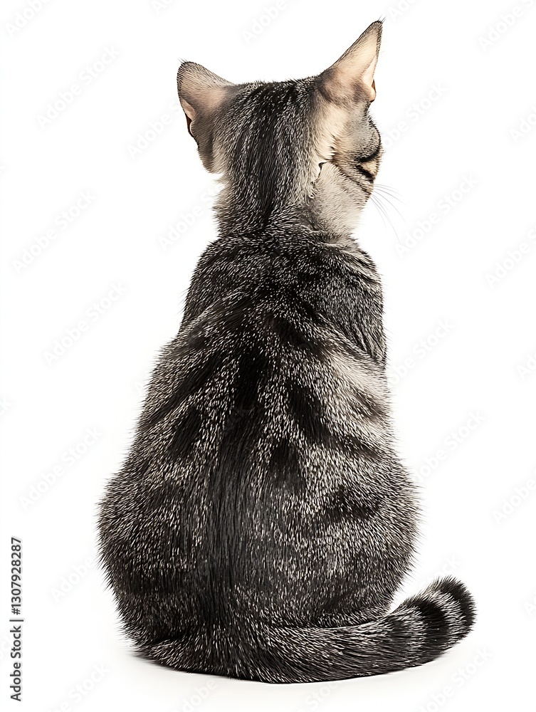 Poster lovely grey tabby cat sitting gracefully from the back showcasing detailed fur patterns : generative