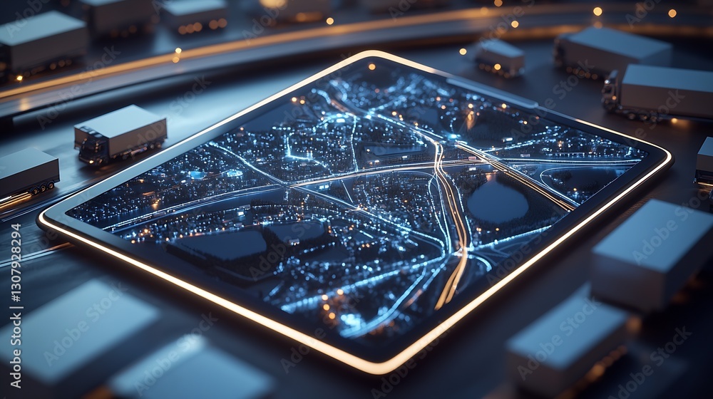 Poster aerial view of a futuristic smart city concept with illuminated streets displayed on a tablet screen