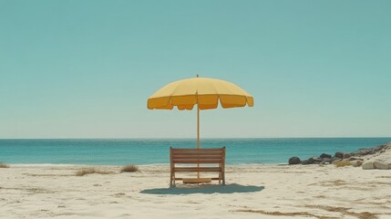 Solitary Beach Bench Shade Umbrella Ocean View