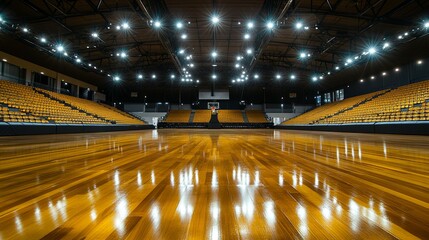 Indoor Arena: Gleaming Wood Court, Golden Seats, Dramatic Lighting