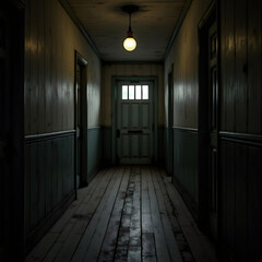 A Dark and Narrow Wood Paneled Hallway Lit by a Single Bulb Leading to a Closed Door  b8XpL2