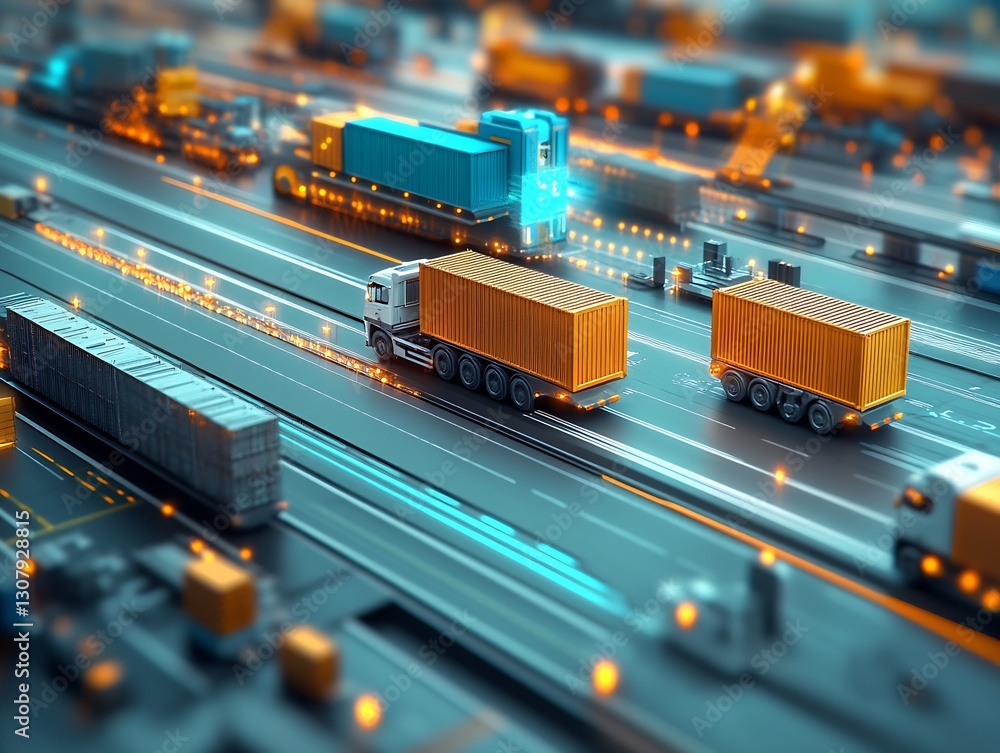 Poster dynamic scene of trucks transporting cargo containers through a modern logistics hub at night : gene