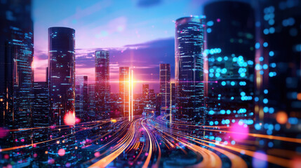 Fototapeta premium Futuristic city skyline showcasing technology and innovation at sunset