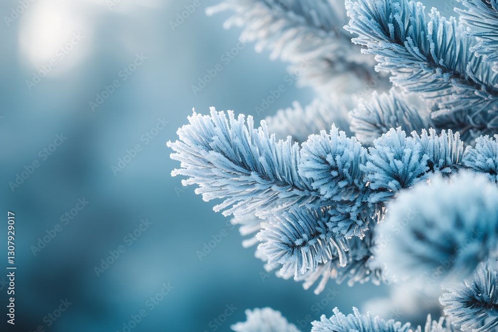Poster Frosted Pine Branch with Snowy Tips Illuminated Under a Soft Blue Winter Background : Generative AI