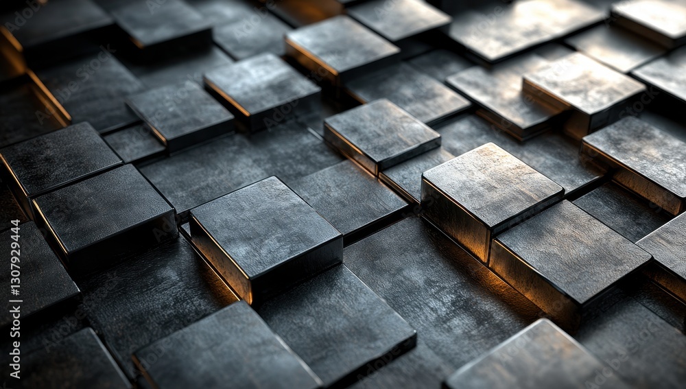 Poster metallic stacked squares with reflections in dim light, industrial style background, abstract textur