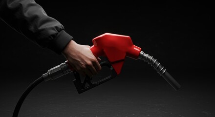 A person's hand holds a fuel nozzle on a dark background.
