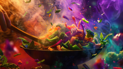 Fototapeta premium A chef stirring a vibrant vegetable stir-fry in a wok, with steam rising and vivid colors