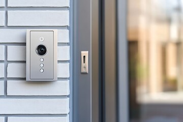 Naklejka premium Sleek video doorbell displayed on brick wall emphasizing security for residential entrance : Generative AI