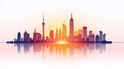 Obraz premium Elegant hand-drawn skyline silhouette, combining traditional and modern structures, clean lines, and a tranquil dawn color palette