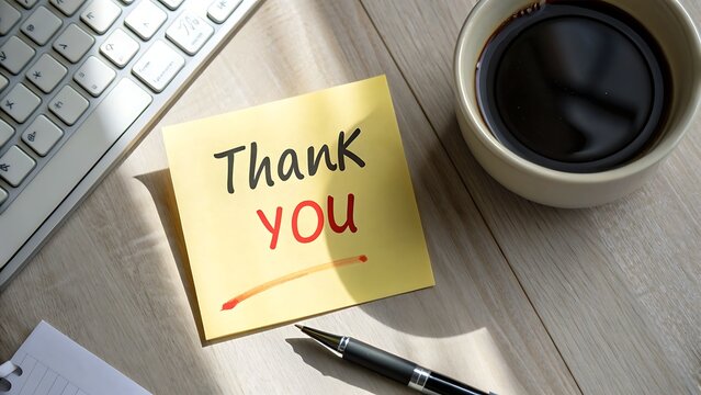 : A close-up of a yellow sticky note with "Thank You" written in elegant handwriting, placed on a wooden desk beside a cup of coffee