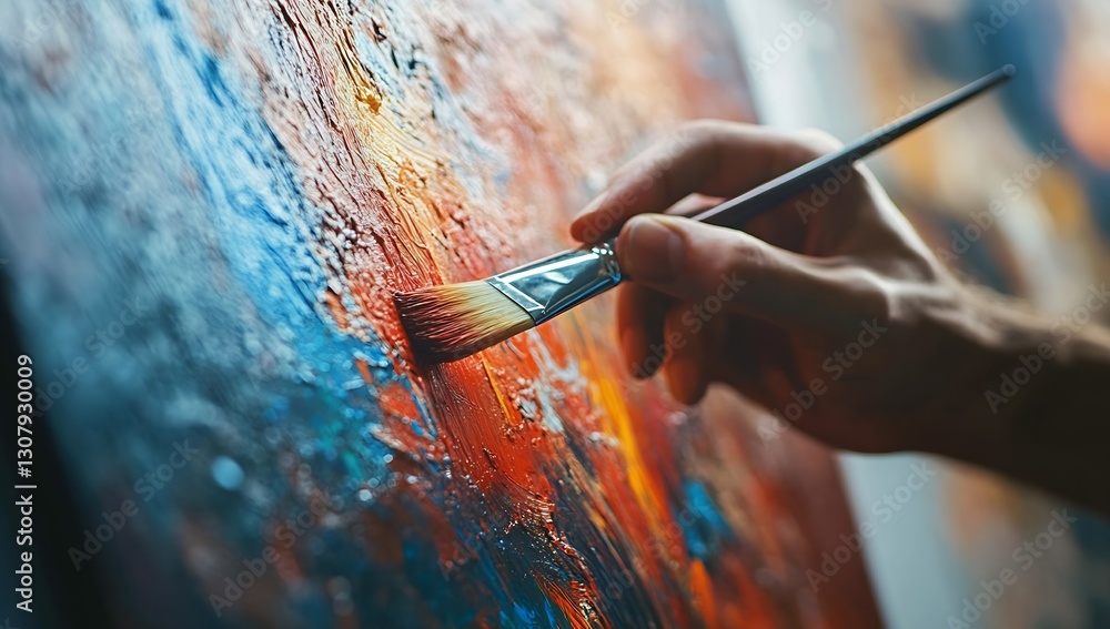 Poster Expert artist applying paint with a brush on a textured canvas in a vibrant and colorful manner : Generative AI