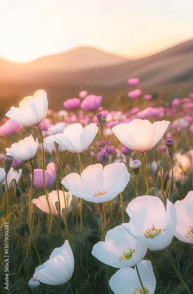 Aufkleber breathtaking scene of blooming poppies in soft light at sunset creating a dreamy atmosphere : genera
