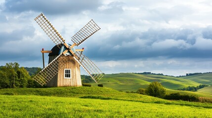 A picturesque windmill stands on lush green hills under a dramatic sky, showcasing a serene rural landscape.