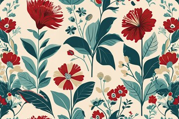 Vintage Floral Patterns with Abstract Blooms in Red Teal and Cream for Nostalgic Wallpaper and Textile Design