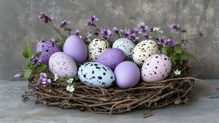 Easter nest with colorful speckled eggs and purple flowers for spring decoration