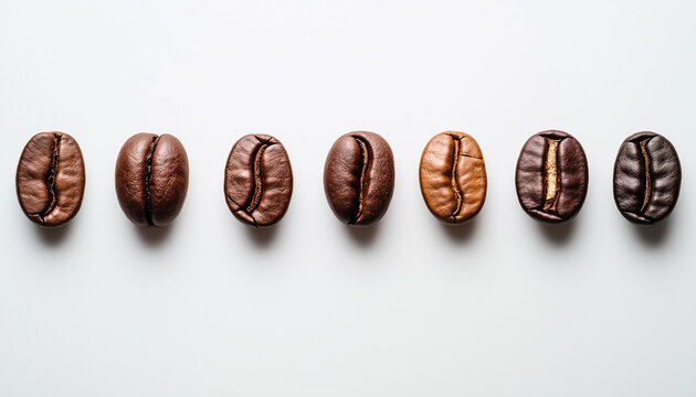 Verschiedene Kaffeebohnensorten der Reihe nach auf hellem Hintergrund

