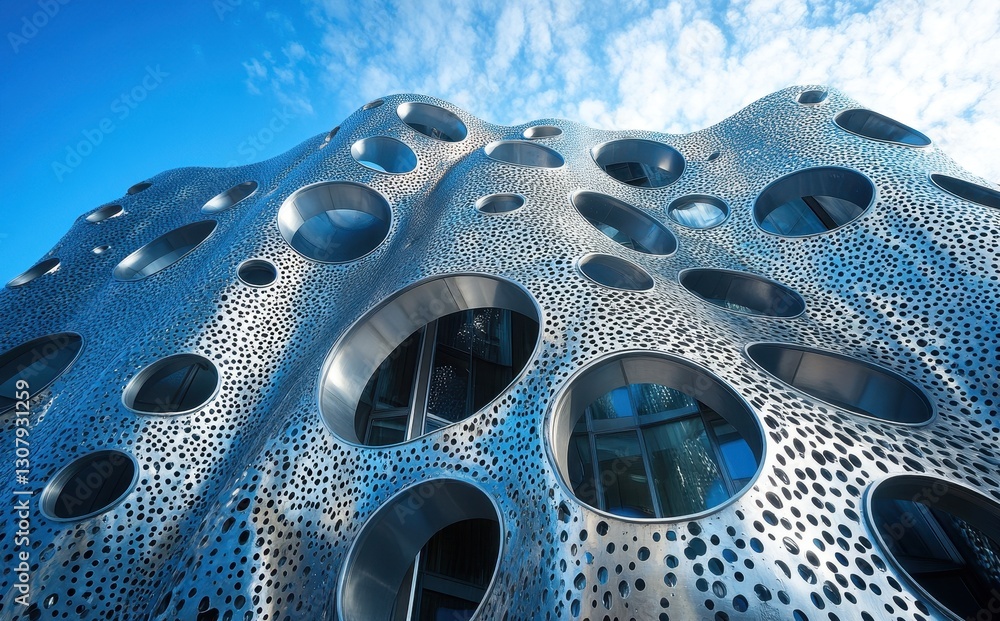 Poster modern architectural design showcasing a unique building facade with circular openings and a reflect