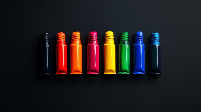 Bunte Acrylfarben in Tuben auf schwarzem Hintergrund angeordnet

