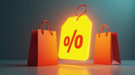 Glowing 3D Discount Tag with Red Percentage Symbol