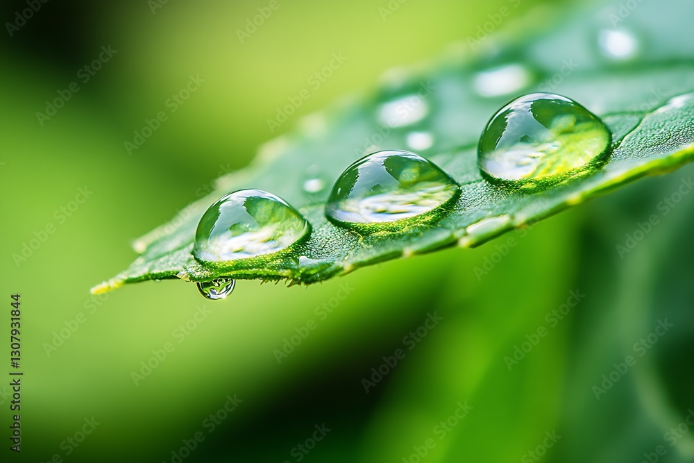 Aufkleber glistening droplets on the edge of a green leaf reflecting the surrounding environment in vibrant hu