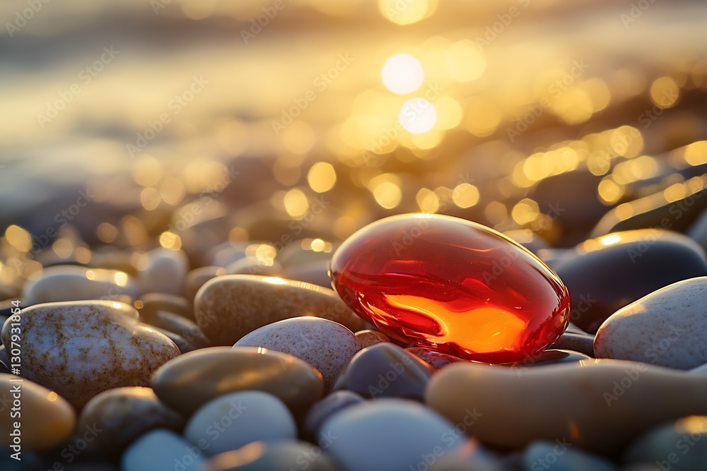 Poster close up of a vibrant red stone resting on smooth pebbles by the water under warm golden light : gen