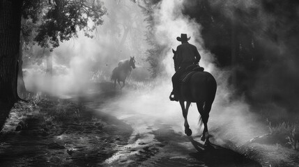 Obraz premium Ethereal Journey: Cowboy Riding into the Fog, Majestic Black and White Scene