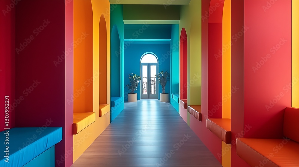 Poster vibrant and spacious hallway with colorful walls and natural light illuminating stylish seating area