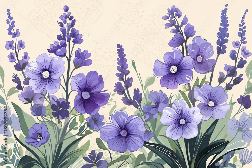 Poster soft illustrated violet floral design on cream background with subtle light patterns