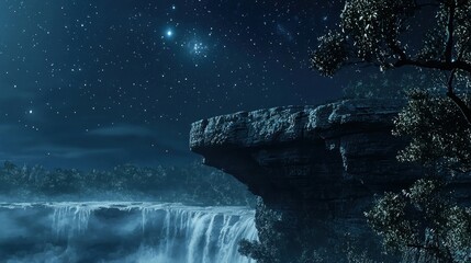 Night waterfall scene with starlit sky and rocky cliff.