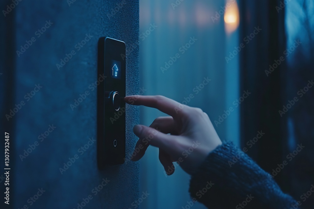 Poster close up of a person using a modern doorbell at dusk with illuminated interface : generative ai