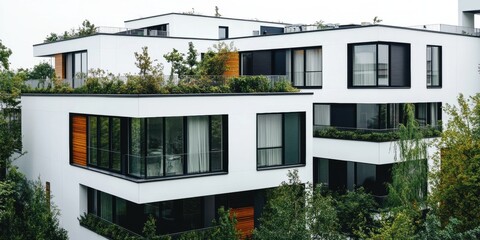 Obraz premium A modern apartment complex with a green landscape design, showcasing sustainable architecture in Berlin, Germany The buildings feature white walls with black details and glass windows Generative AI