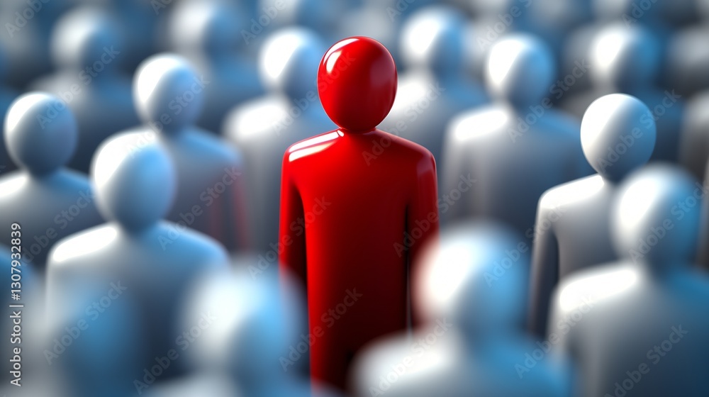 Poster dynamic perspective of a red figure in a sea of blue figures symbolizing leadership and distinction 