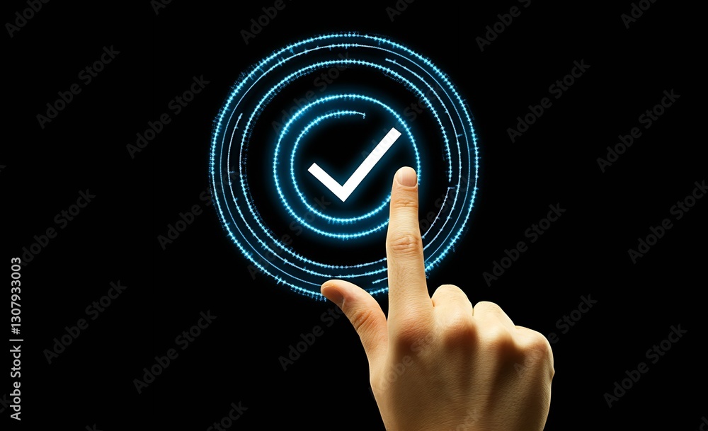 Poster close-up of hand touching a blue checkmark in a circular digital ring on black background : generati