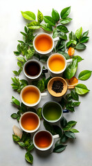 Assortment of Teas: A Colorful Illustration of Tea Cups and Fresh Green Leaves